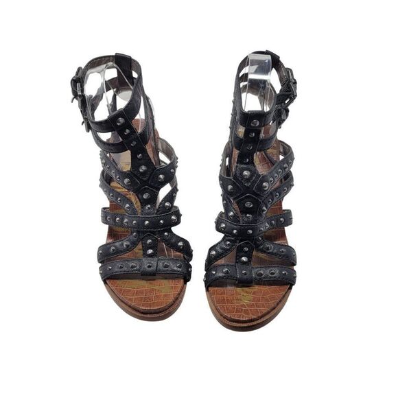 Sam Edelman Keith Gladiator Leather Studded Heeled Sandals 8 Black Strappy - Picture 2 of 11